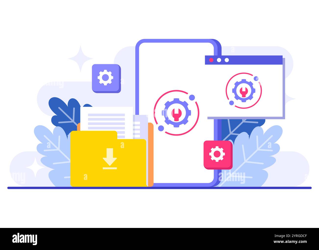 System maintenance flat vector illustration, Error, Fixing trouble, Device updating, Software system under maintenance, Software upgrade process on de Stock Vector