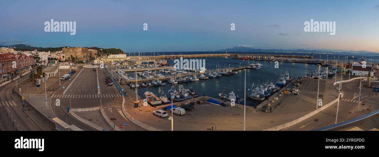 Harbor of Tarifa with Castle of Guzman el Bueno and Marina Stock Photo