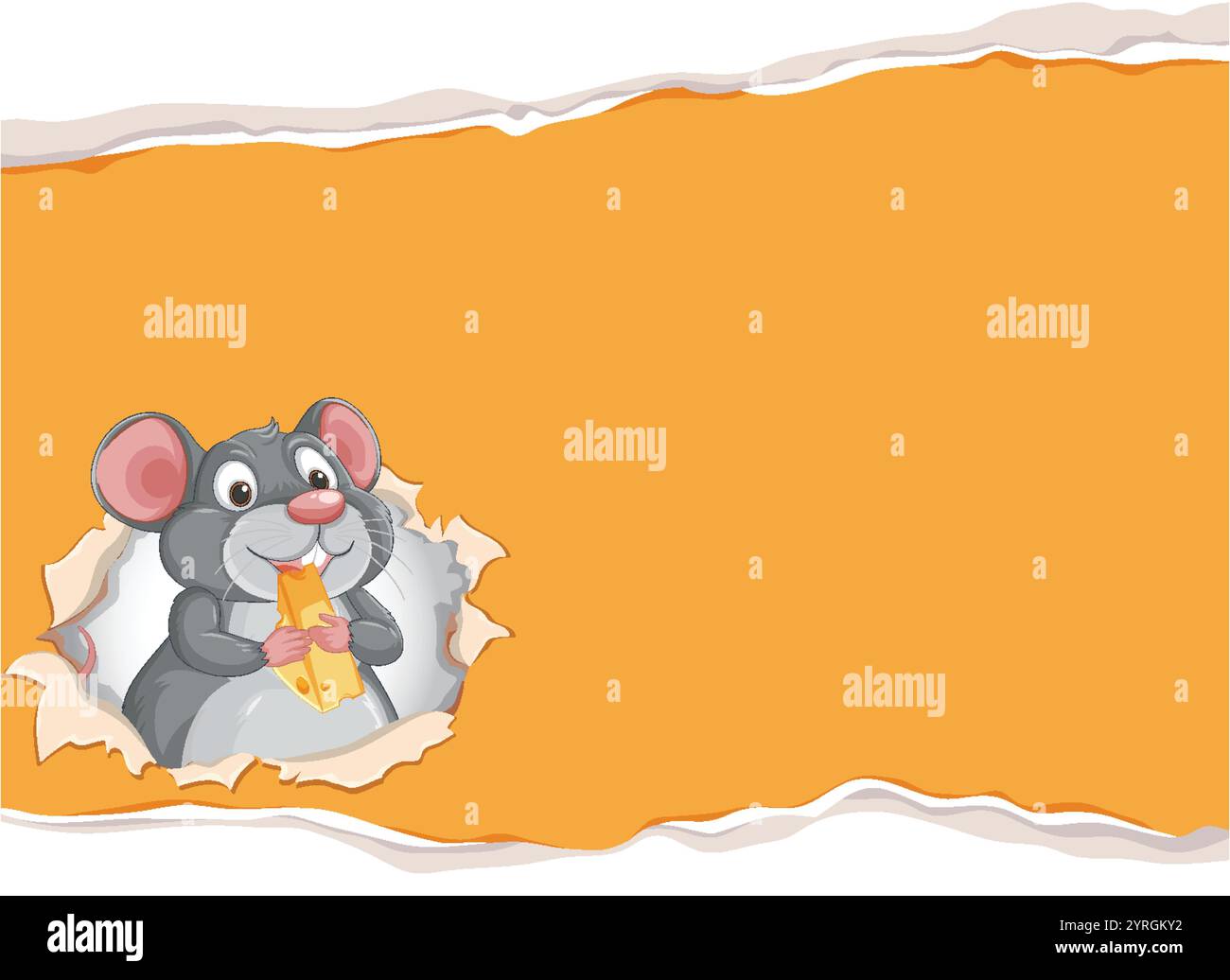 A cute mouse holding cheese in a torn frame Stock Vector