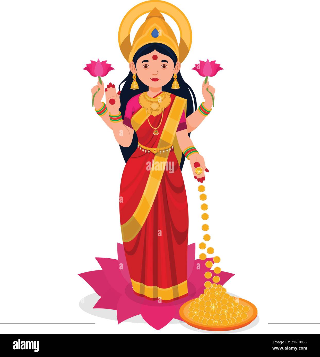 Goddess Lakshmi standing on lotus, Indian festival with Goddess Lakshmi with golden coins Stock Vector