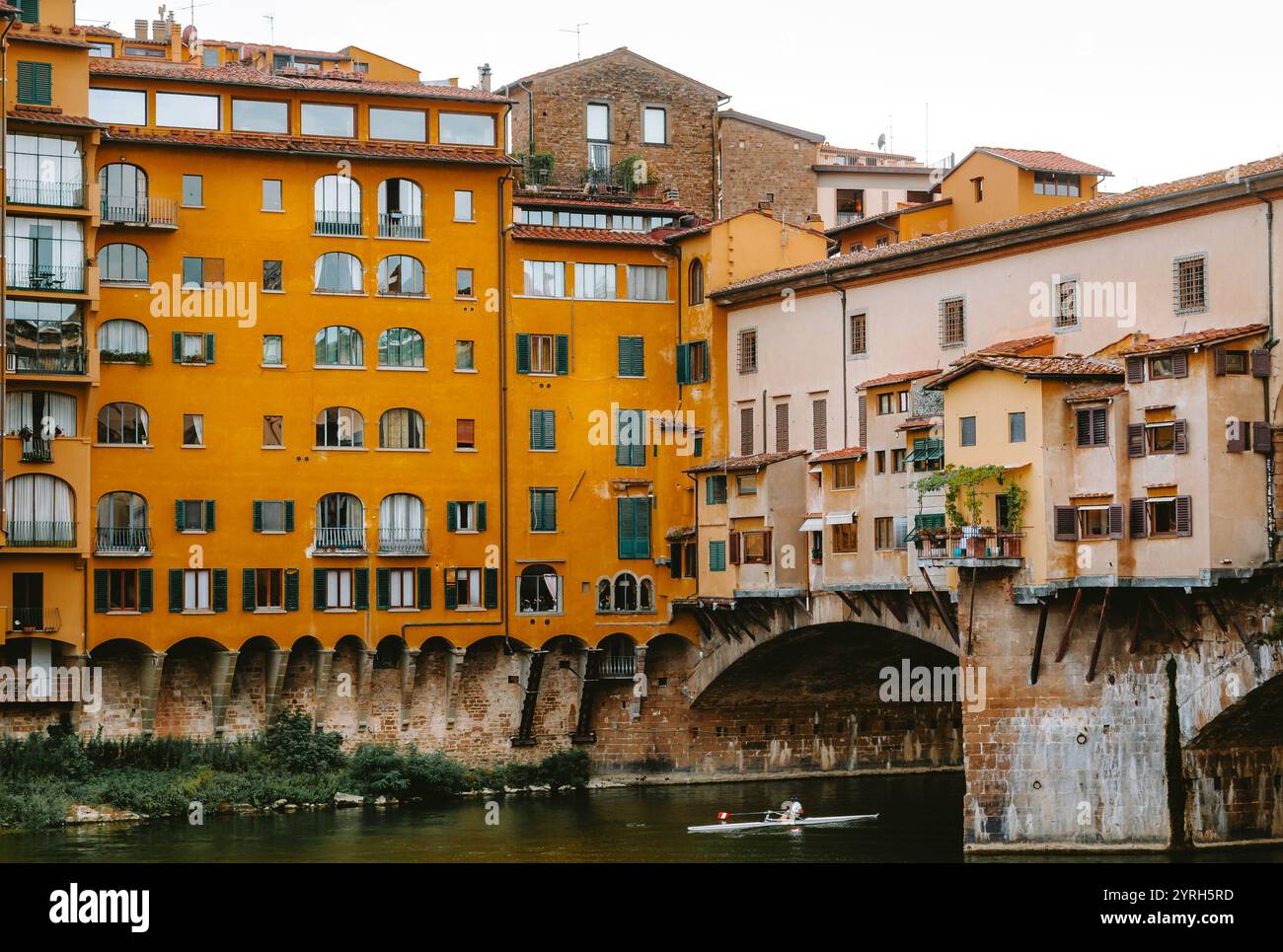 Rower is paddling down the arno river under ponte vecchio in florence ...