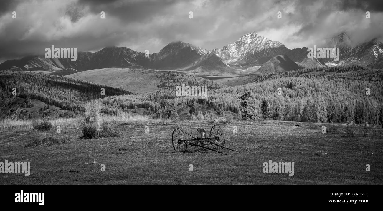 Black and white autumn scenery in Altai region with rugged mountains ...