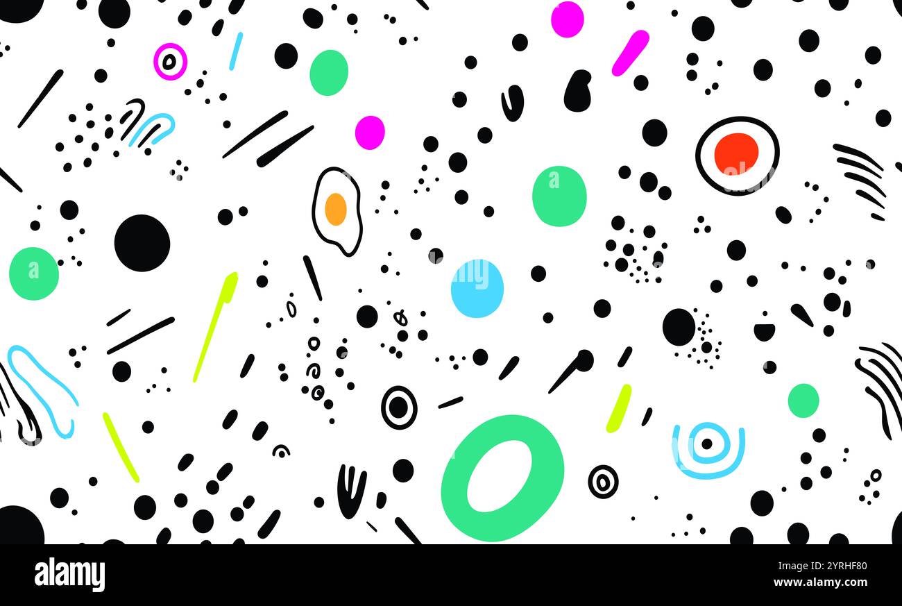 Abstract illustration featuring a variety of bold, colorful shapes and patterns on a white background Elements include circles, lines, and dots, creat Stock Photo
