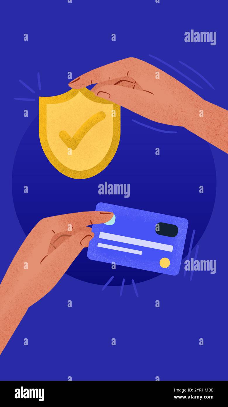 An illustration depicting a hand holding a card and another hand holding a shield with a check mark, symbolizing security in online shopping and digit Stock Photo