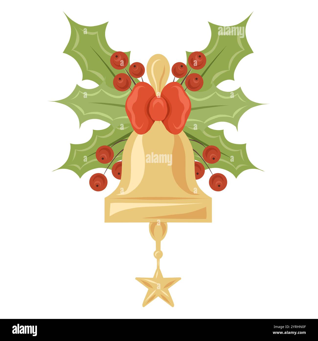 Vector clip art of golden Christmas bell with red ribbon, leaves and ...
