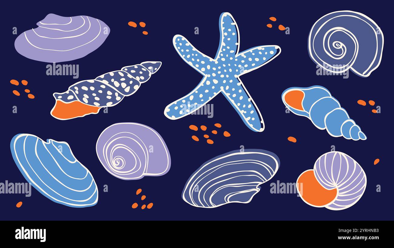 Set of sea shells and starfish. Vector elements on a dark background. Stock Vector