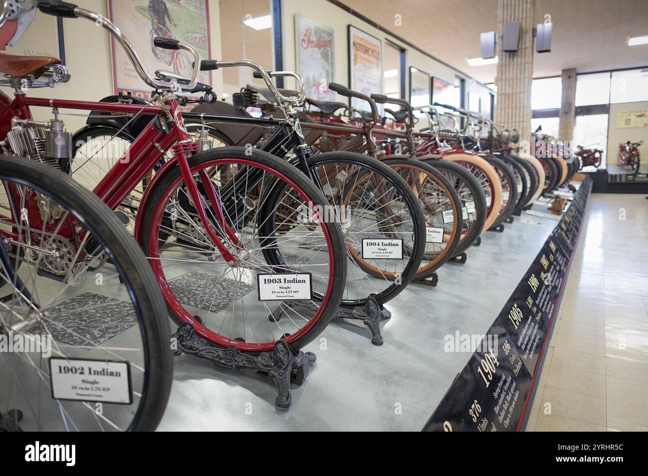 A row on Indian brand motorcycles by year starting with 1902. At the Motorcycle Museum in Newburgh, New York. Stock Photo