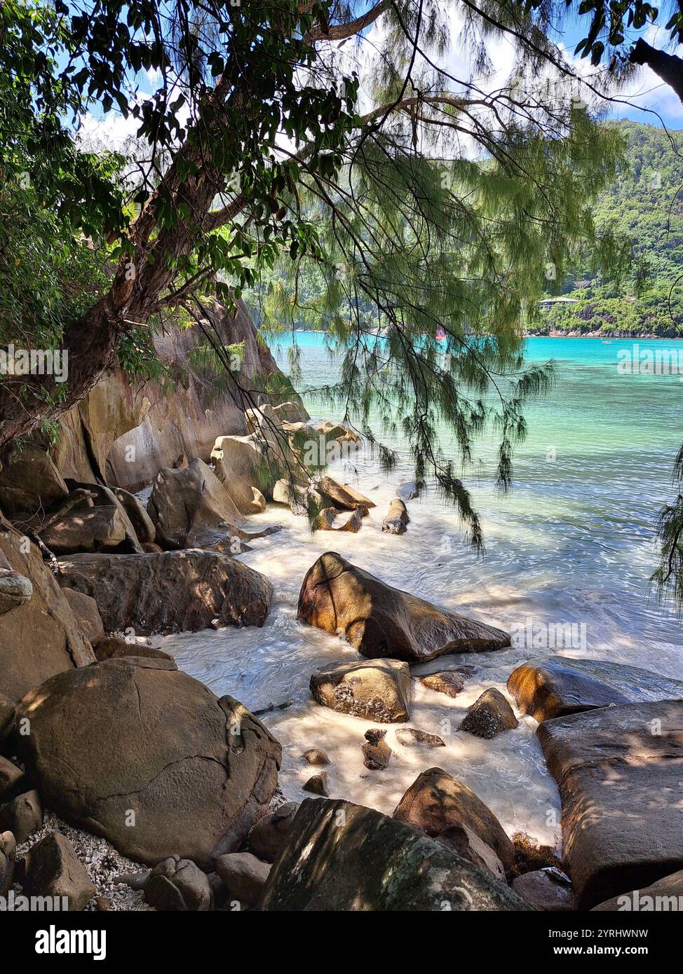 Rocky beach in Mahé, Seychelles. - Smartphone Captured Stock Image