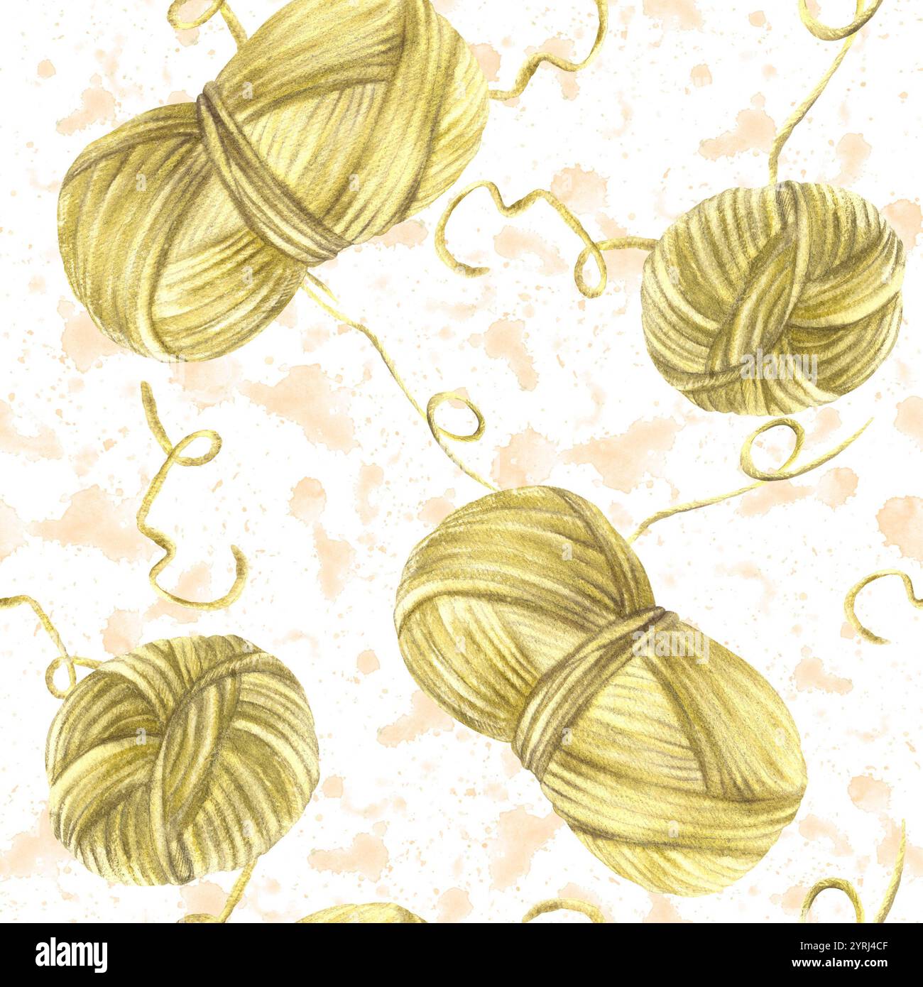 Skein of knitting thread seamless pattern on watercolor pink splashes ...