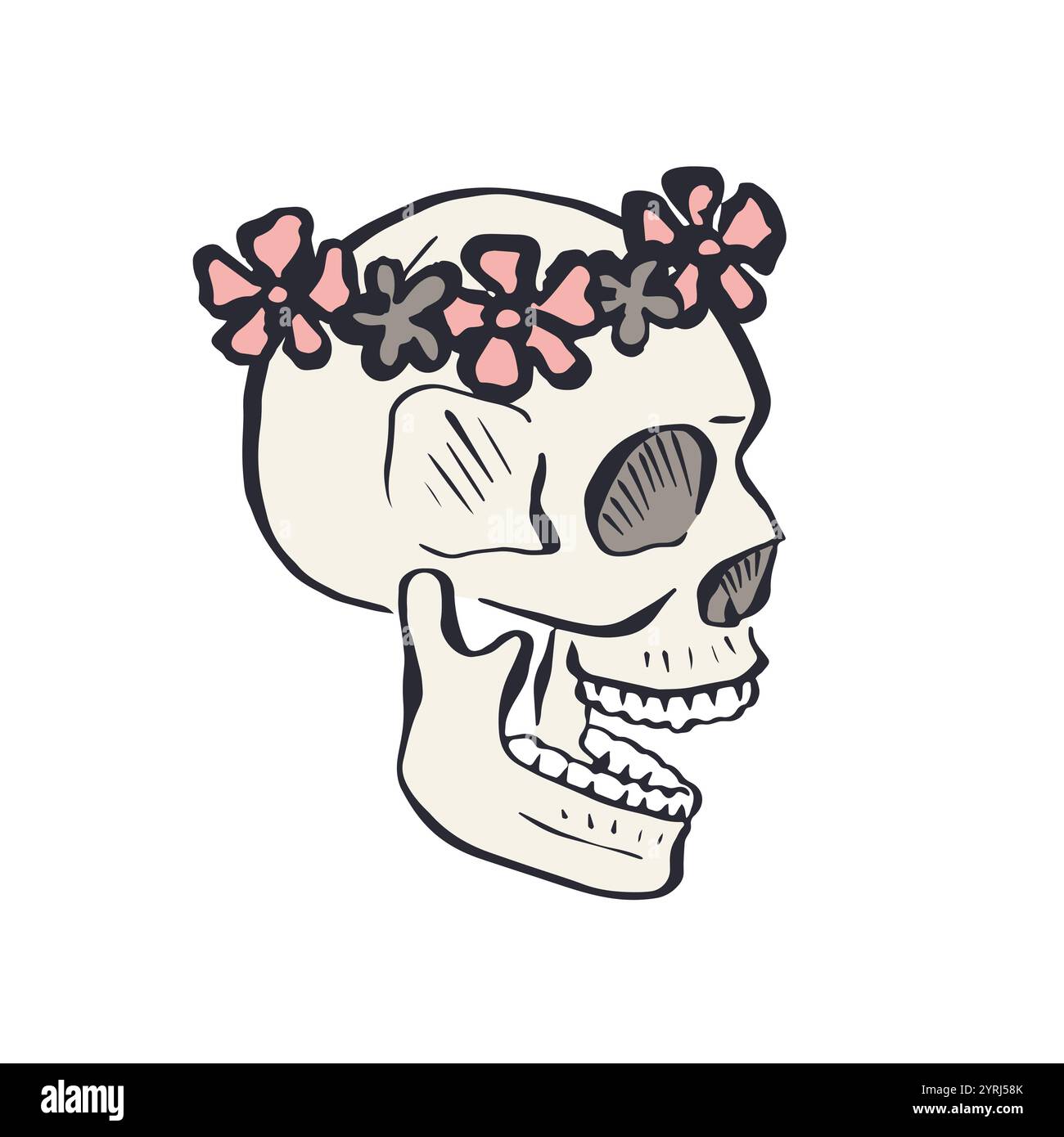 Hand drawn floral human skull with pink flowers wreath isolated on ...