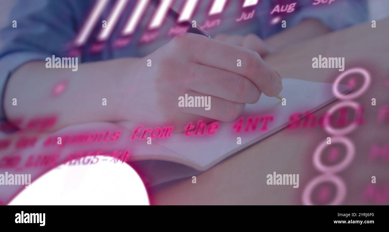 Image of financial data processing over caucasian boy writing Stock Photo