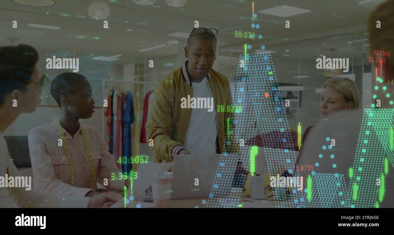Image of data processing and diagrams over diverse colleagues talking ...