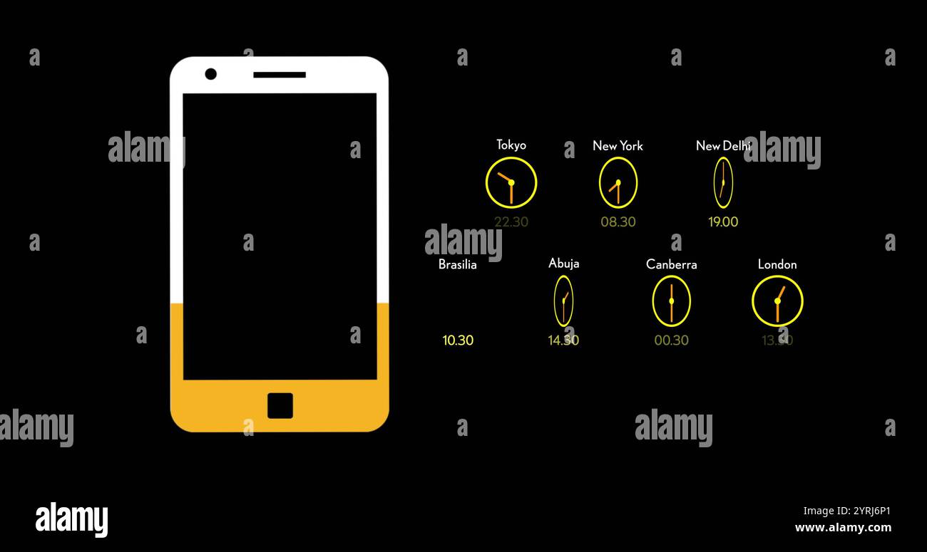 Image of smartphone with world clocks showing different time zones