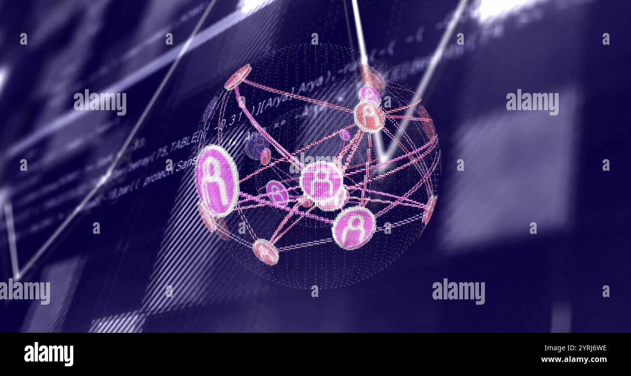 Network of connections and data processing image over computer code Stock Photo