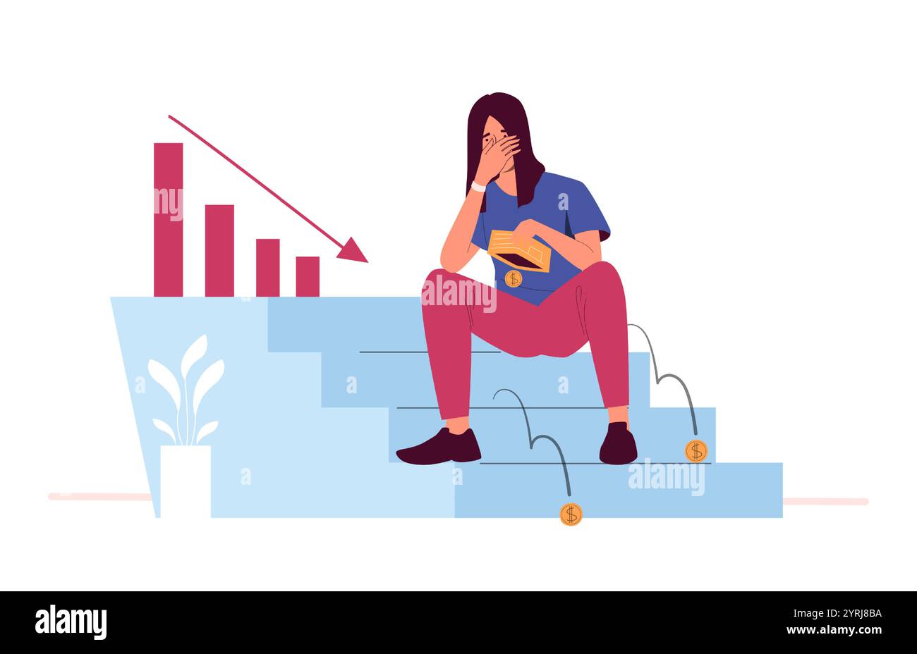 Distressed woman sitting on stairs holding empty wallet with falling coins and declining graph symbolizing bankruptcy, financial loss and economic Stock Vector