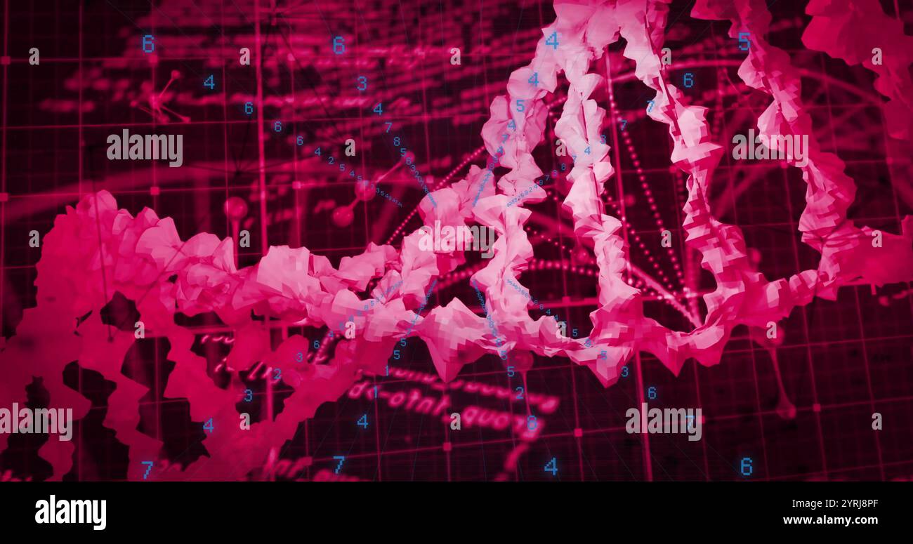 DNA strand and numerical data analysis image over red grid background Stock Photo