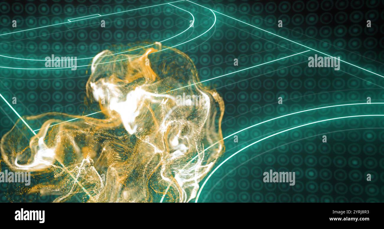 Abstract glowing lines and shapes image over digital grid background ...