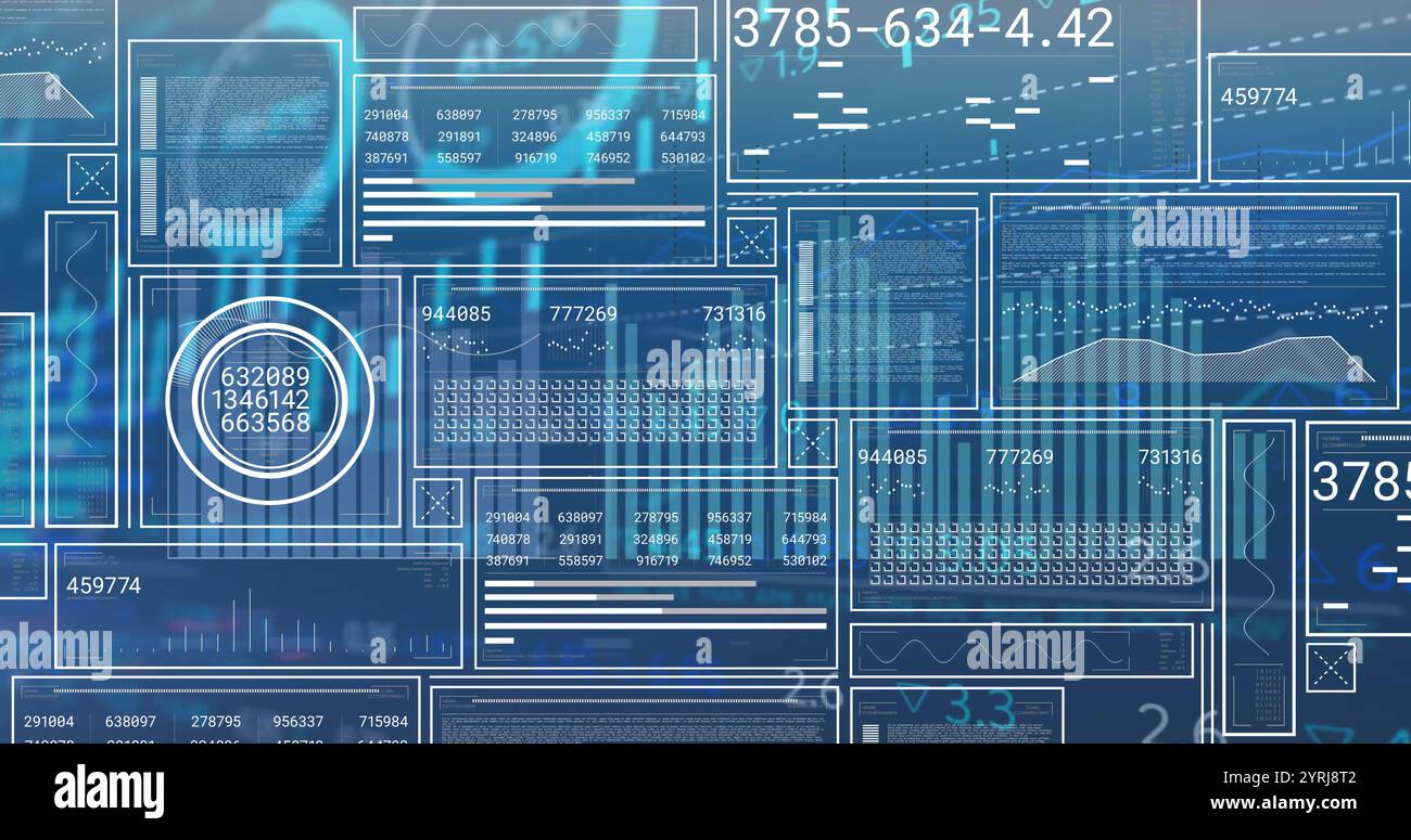 Image of interface screens, charts and data processing on blue ...