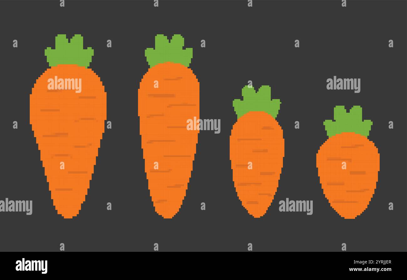 Pixel carrots vegetable orange retro icon. Simple vegetable design featuring orange carrots with green tops Stock Vector
