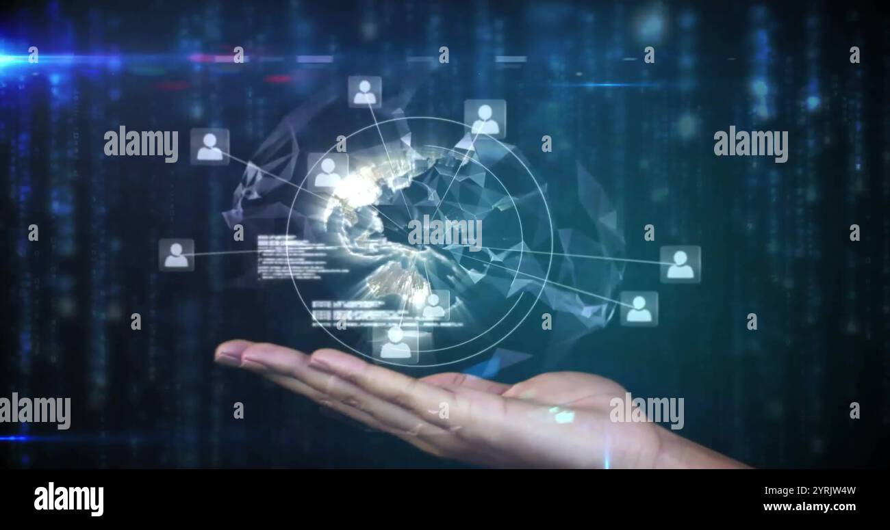Image of hand holding globe with data processing on black background Stock Photo