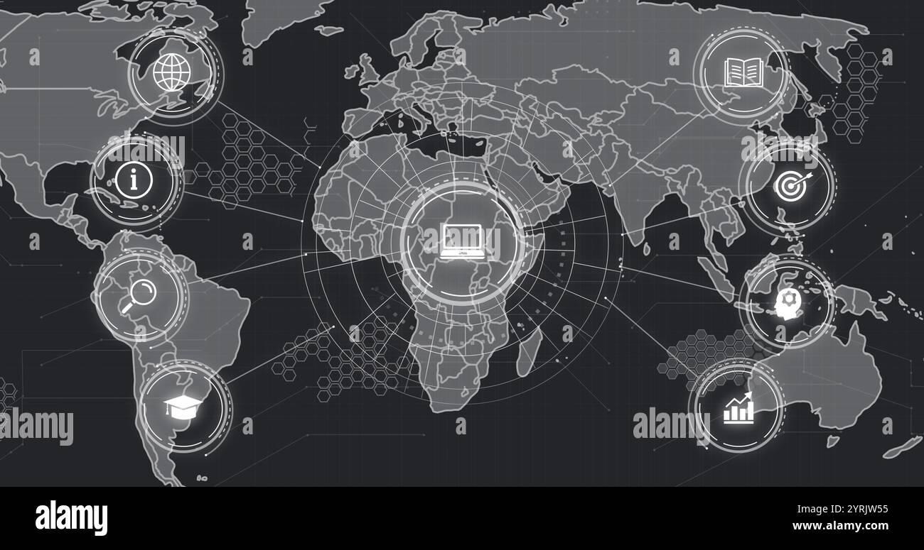 Digital world map with laptop icon and data processing image over ...