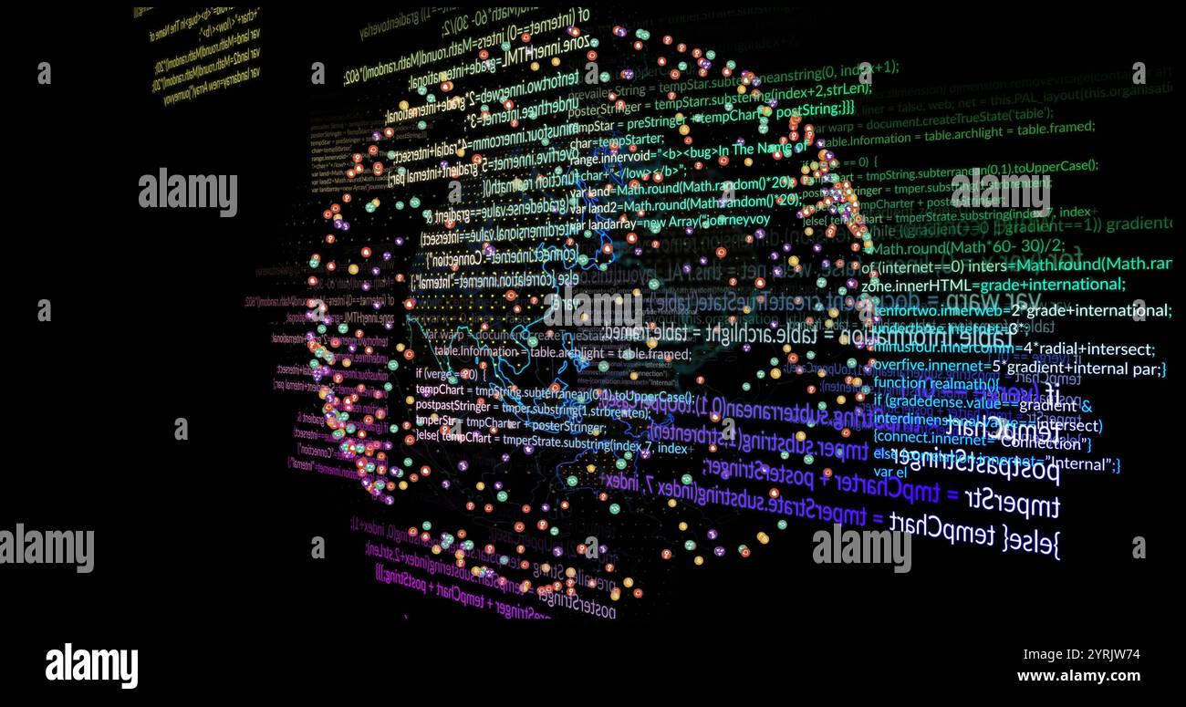 Rotating sphere of colorful dots and programming code image Stock Photo ...