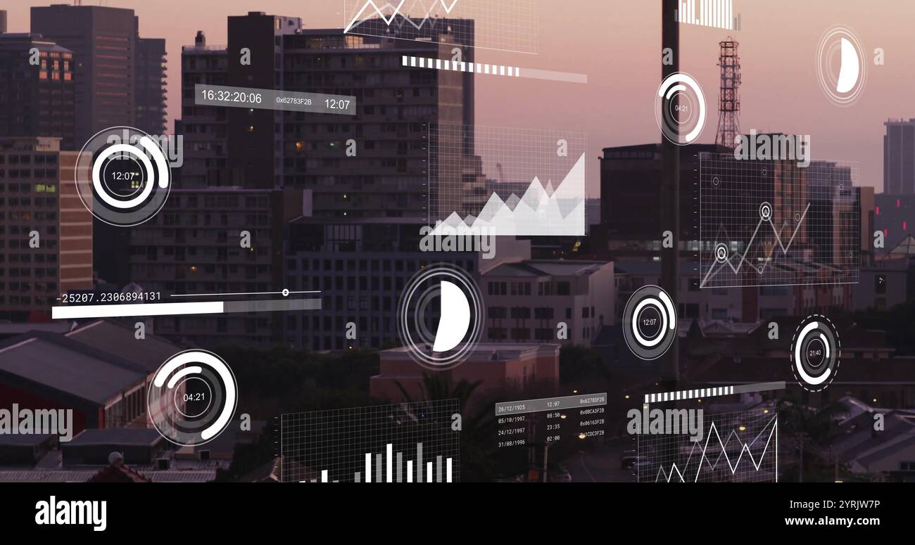 Image of diagrams and data processing over cityscape Stock Photo - Alamy