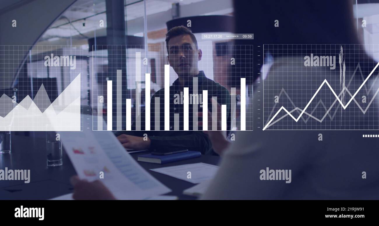 Business meeting with charts and graphs image over office setting Stock ...
