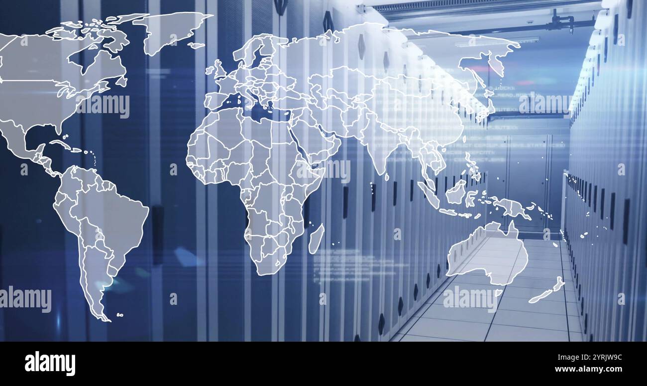 Image of world map and data processing over server room Stock Photo - Alamy