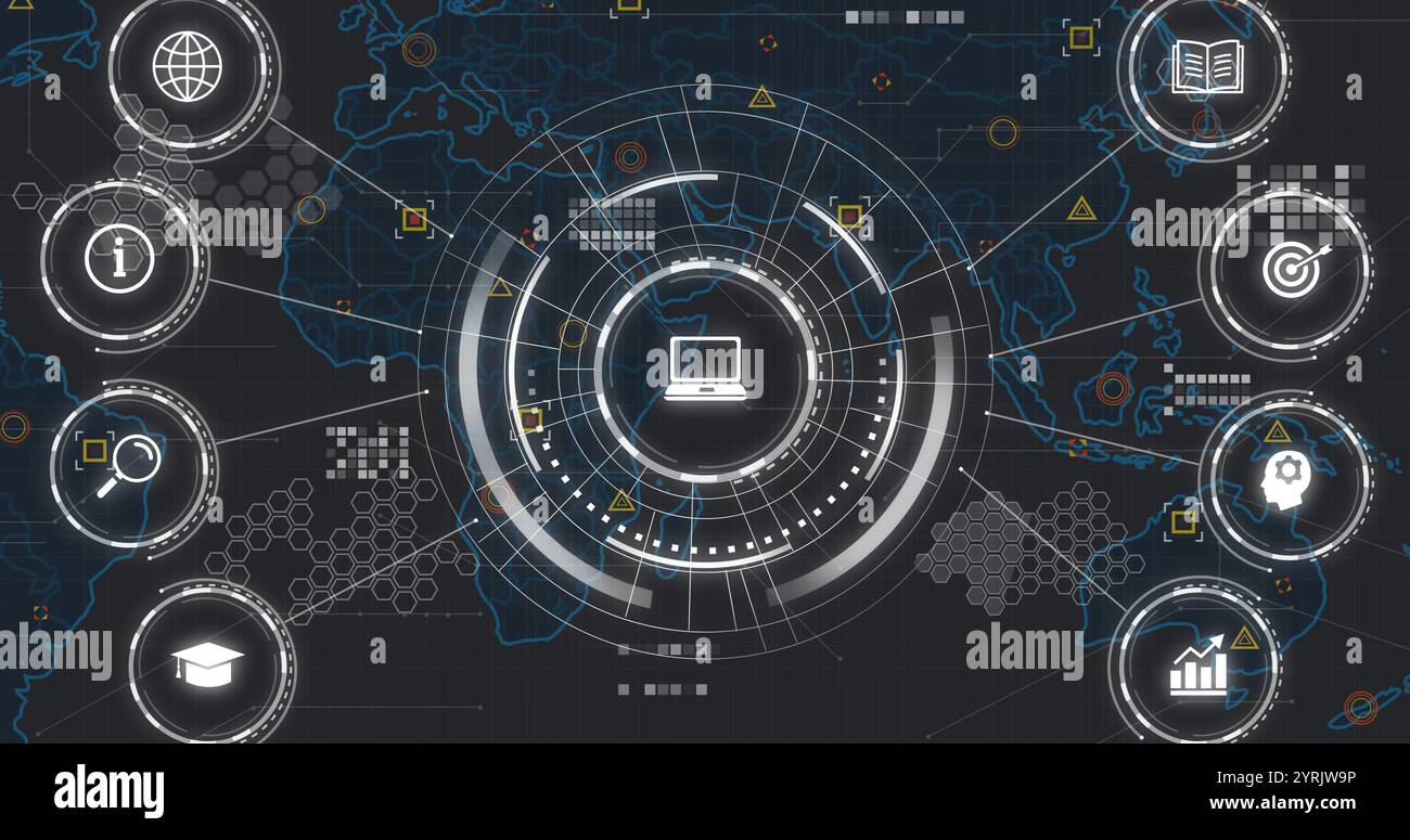 Digital network and data processing image over world map background Stock Photo