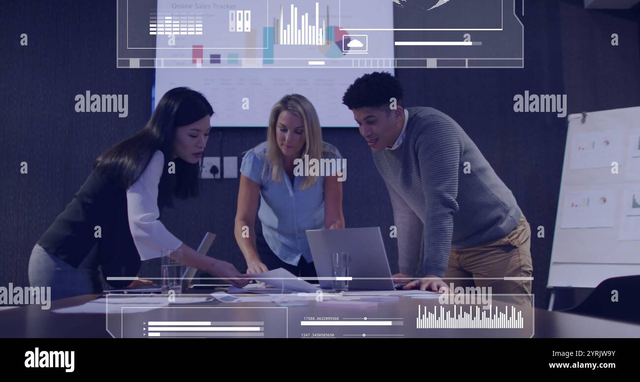 Business team analyzing documents with data visualization image over them Stock Photo
