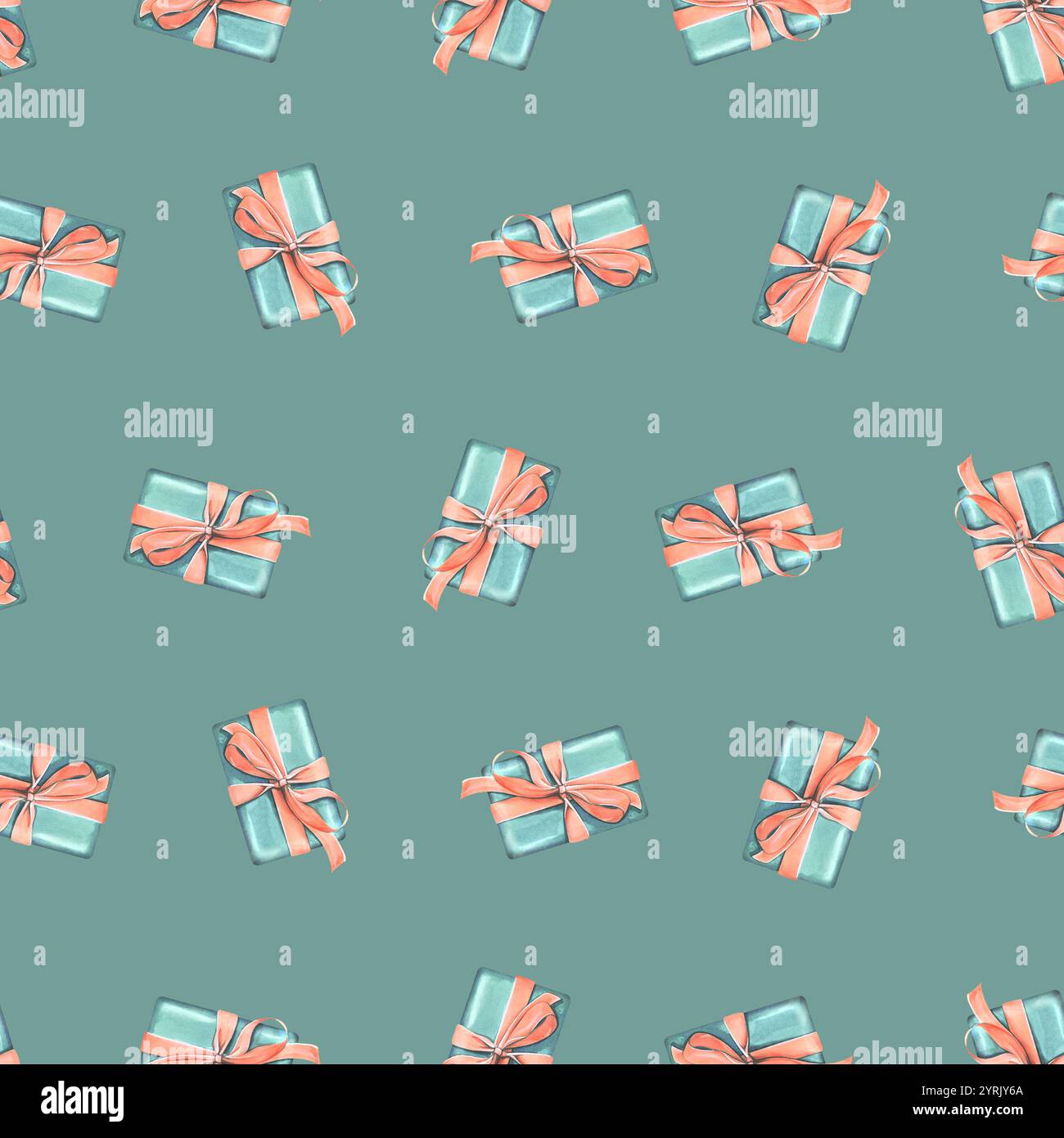 Gift boxes with ribbons and bows in coral and turquoise colors on a ...