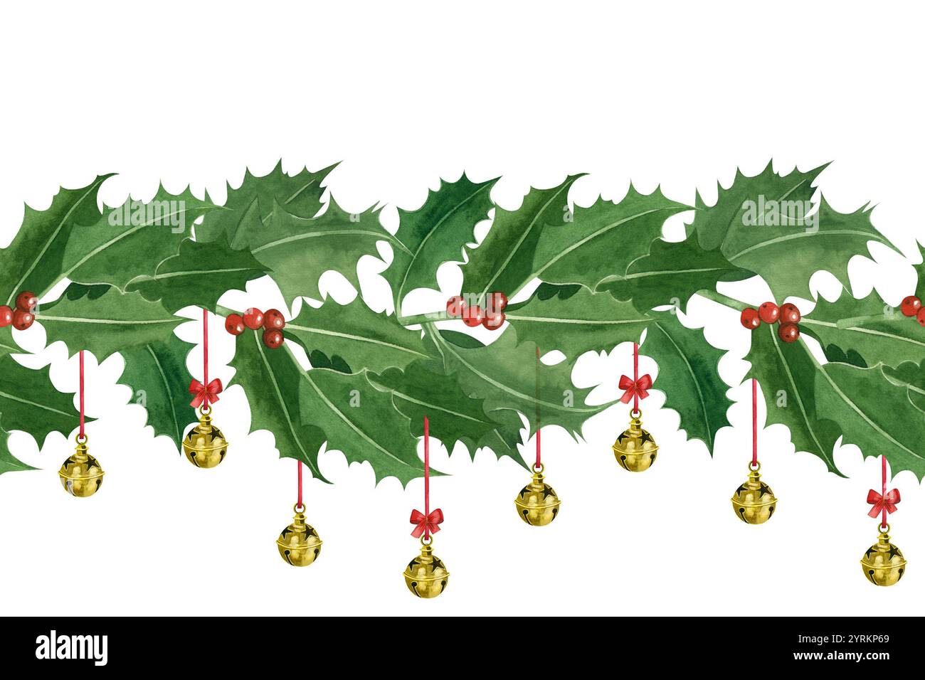 Seamless border of green holly branches with golden bells and red bows ...