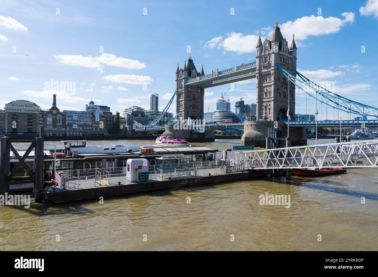 Tower Bridge Quay on the River Thames with Tower Bridge in background London England UK Stock Photo