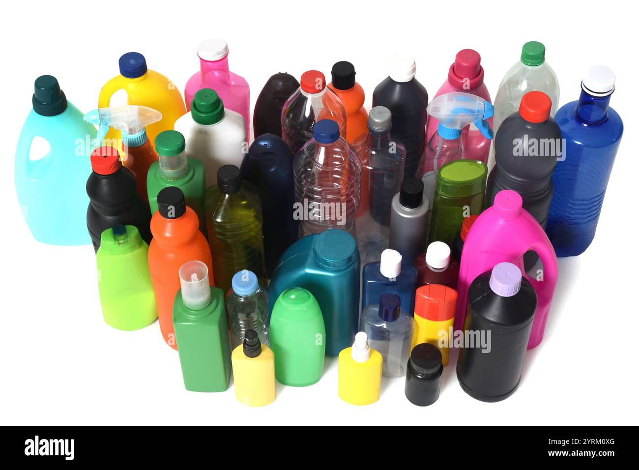 elevated view of a group of plastic bottles for recycling on white background Stock Photo