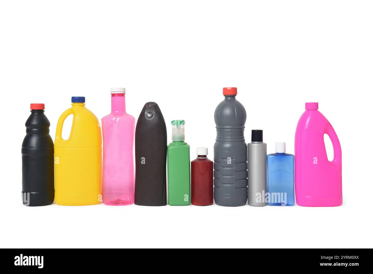 line of a group of plastic bottles for recycling on white background Stock Photo