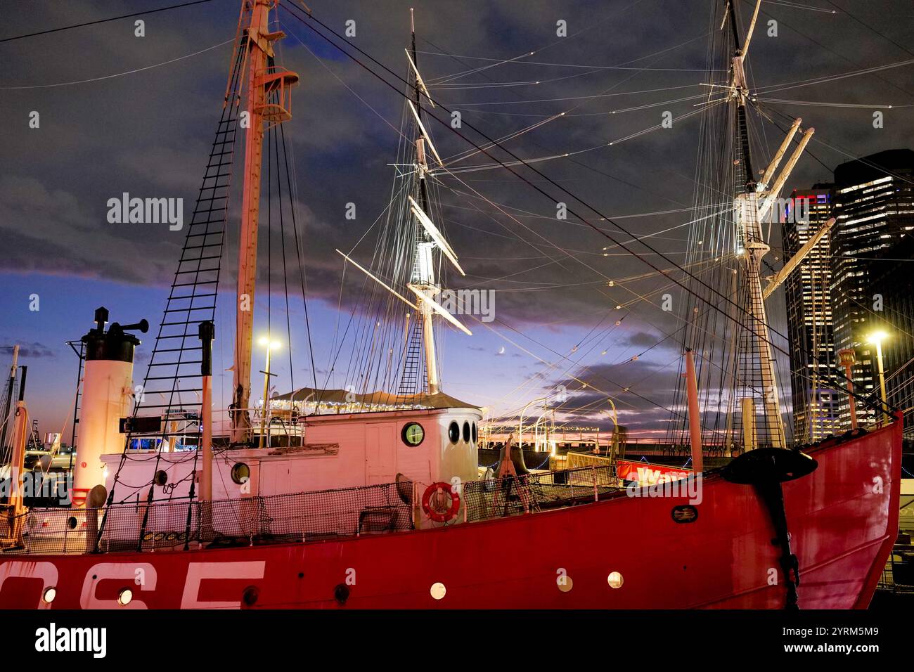 New York, New York, USA. 3rd Dec, 2024. Retired Lightship Ambrose near the Holiday tree lighting at the South Street Seaport NYC with live music, .holiday cheer, shopping, and of course Santa Claus. (Credit Image: © Milo Hess/ZUMA Press Wire) EDITORIAL USAGE ONLY! Not for Commercial USAGE! Stock Photo