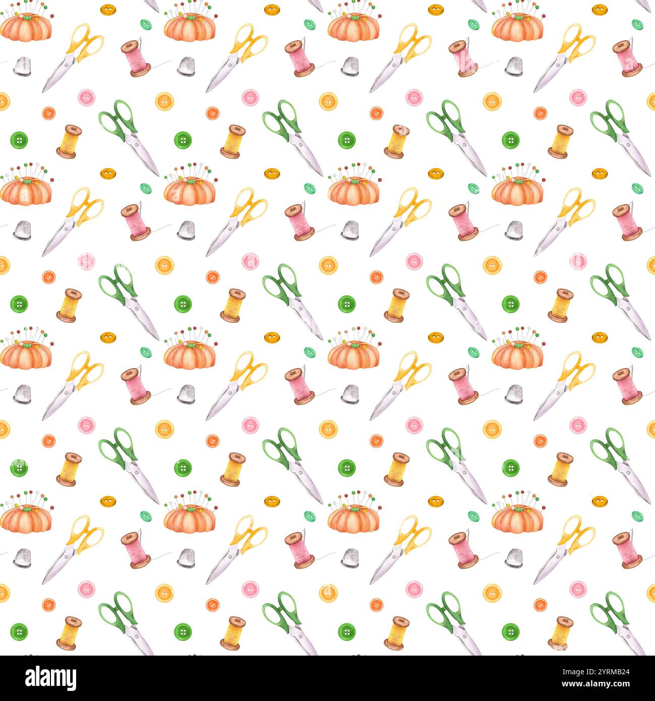 Seamless pattern with scissors, buttons, thread, pincushion and thimble ...