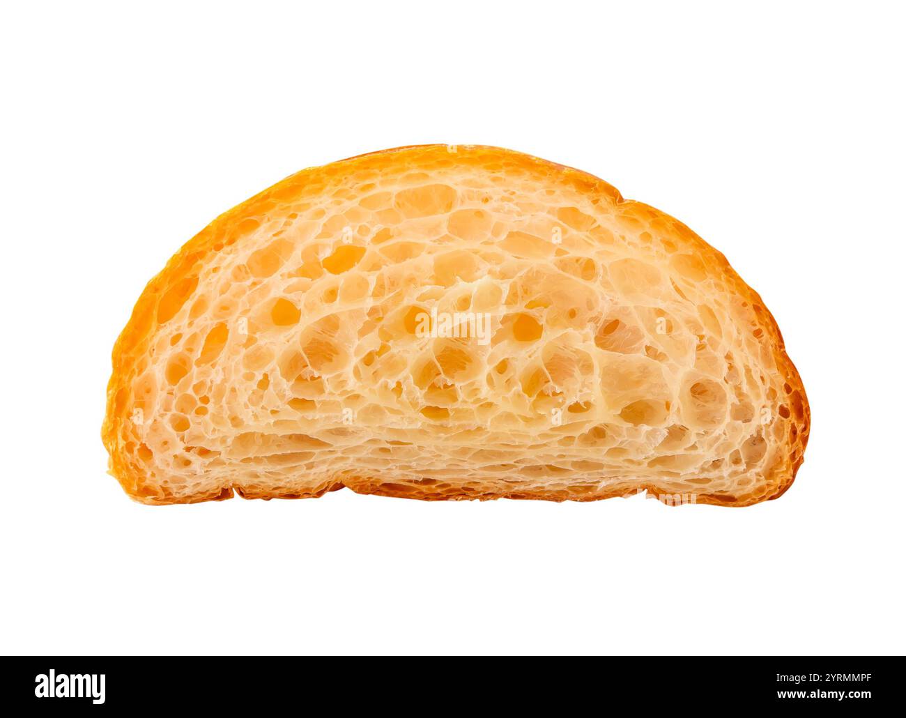Front view of single brown croissant in half is isolated on white ...