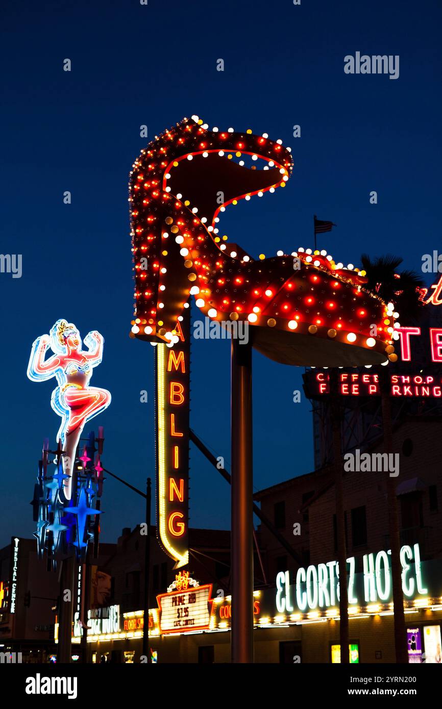 USA, Nevada, Las Vegas, Downtown, Fremont Street East, old neon signs, evening Stock Photo