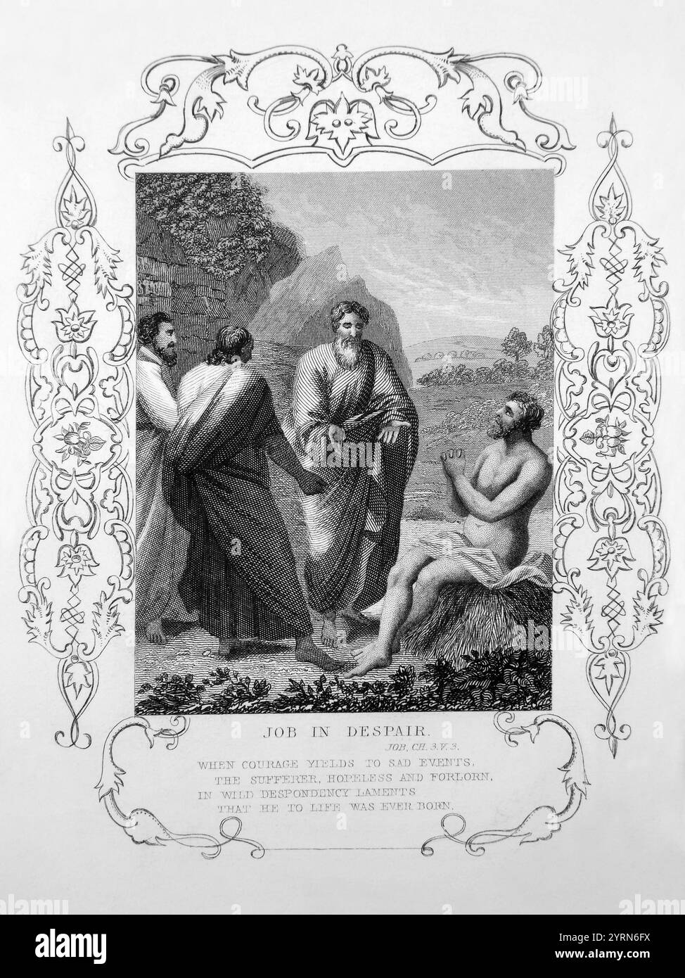 Steel Engraving of Job and his Friends (Job) Job's Friends Eliphaz, Bildad and Zophar Counsel him after he has lost everything from the 1851 Tallis Il Stock Photo