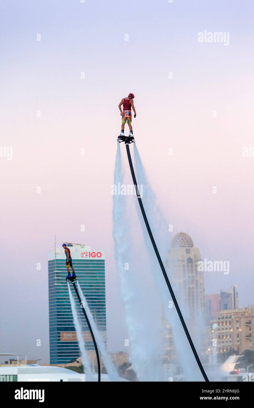 UAE, Dubai, Dubai Marina, Jumeirah Beach, water jet pack stunt flyers ...