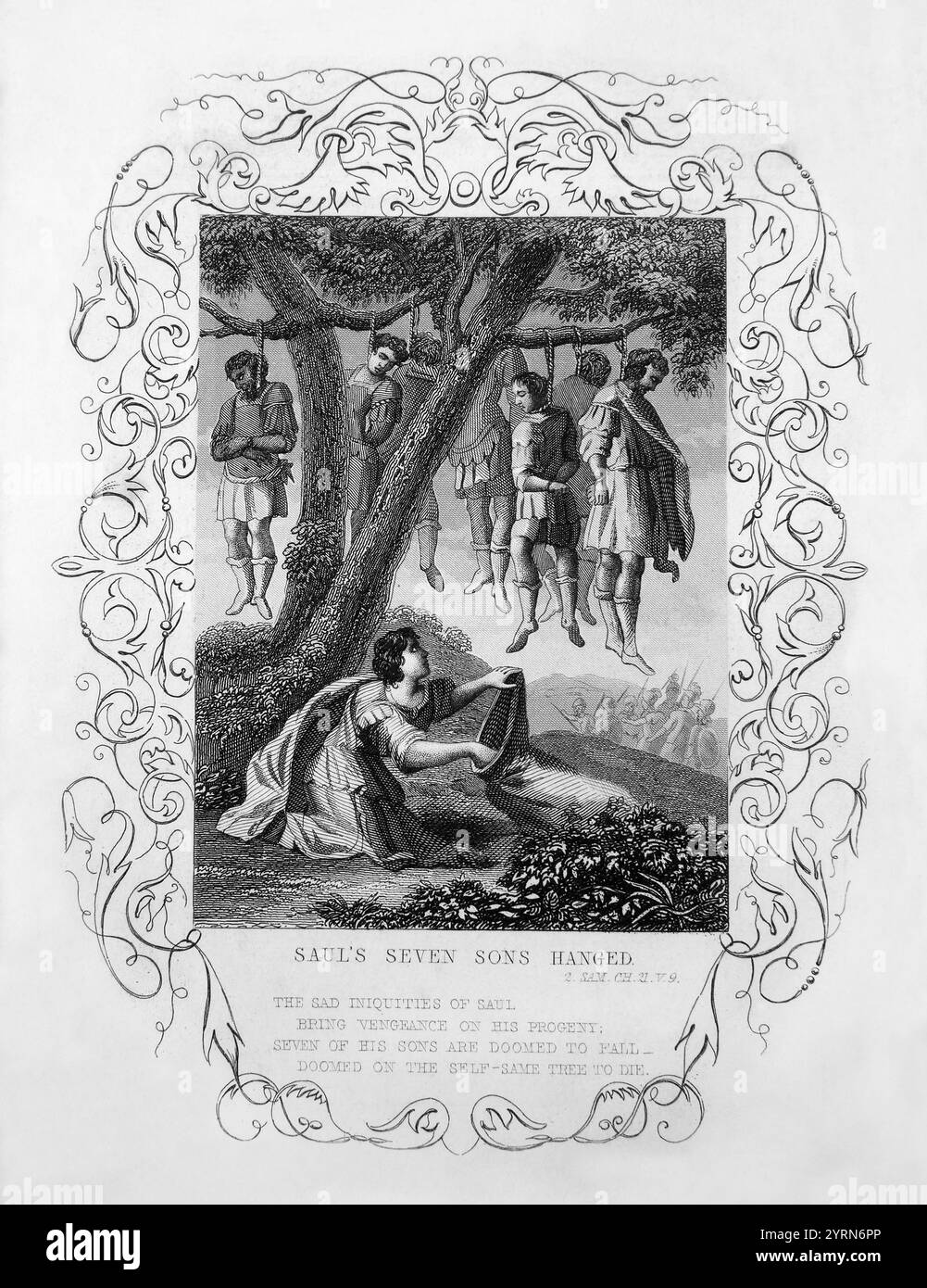 Steel Engraving of King Saul's Seven Sons Hanged (Samuel) The Gibeonites Hanged the Seven Sons of Saul and  Rizpah Daughter of Aiah and Concubine of K Stock Photo