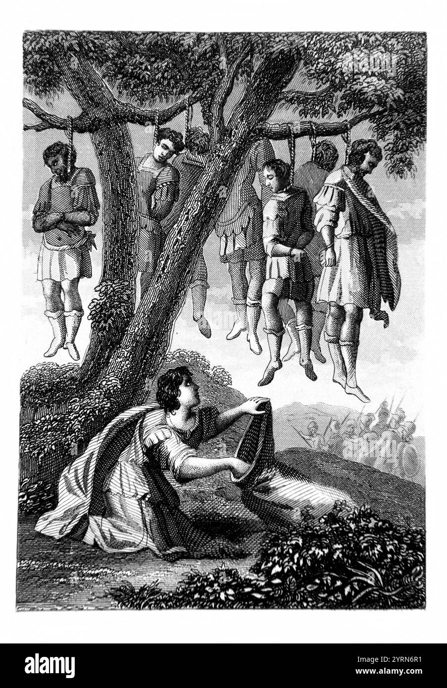 Steel Engraving of King Saul's Seven Sons Hanged (Samuel) The Gibeonites Hanged the Seven Sons of Saul and  Rizpah Daughter of Aiah and Concubine of K Stock Photo