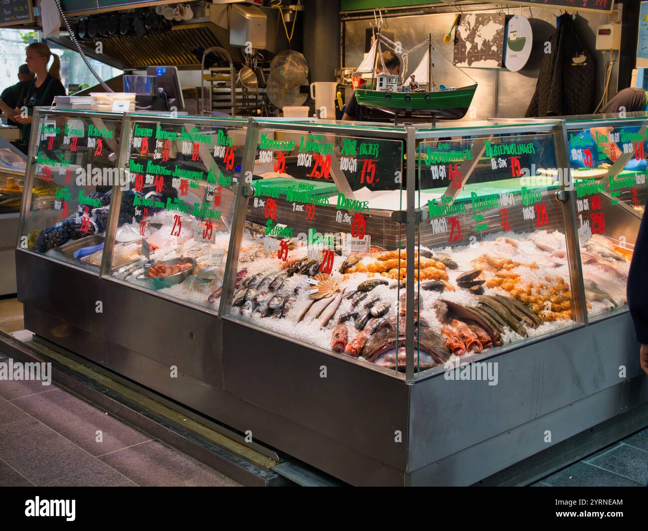 Copenhagen, Denmark - June 10 2024: Copenhagen, Denmark - June 10 2024: A well stocked fresh fish stall in the Torvehallerne market in Copenhagen, Den Stock Photo