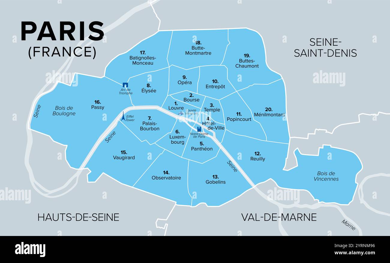 Arrondissements of Paris, capital of France, Europe, political map. Paris is divided into 20 