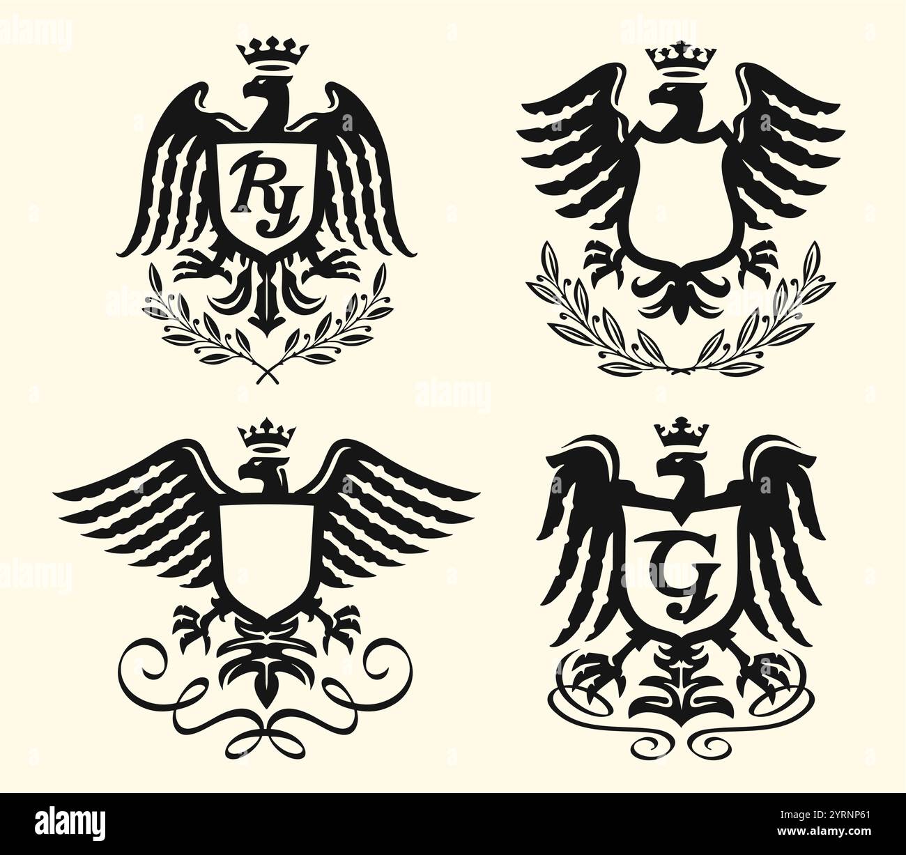 Eagle with spread wings and shield, emblem set. Heraldic symbol of royal power. Vector illustration Stock Vector