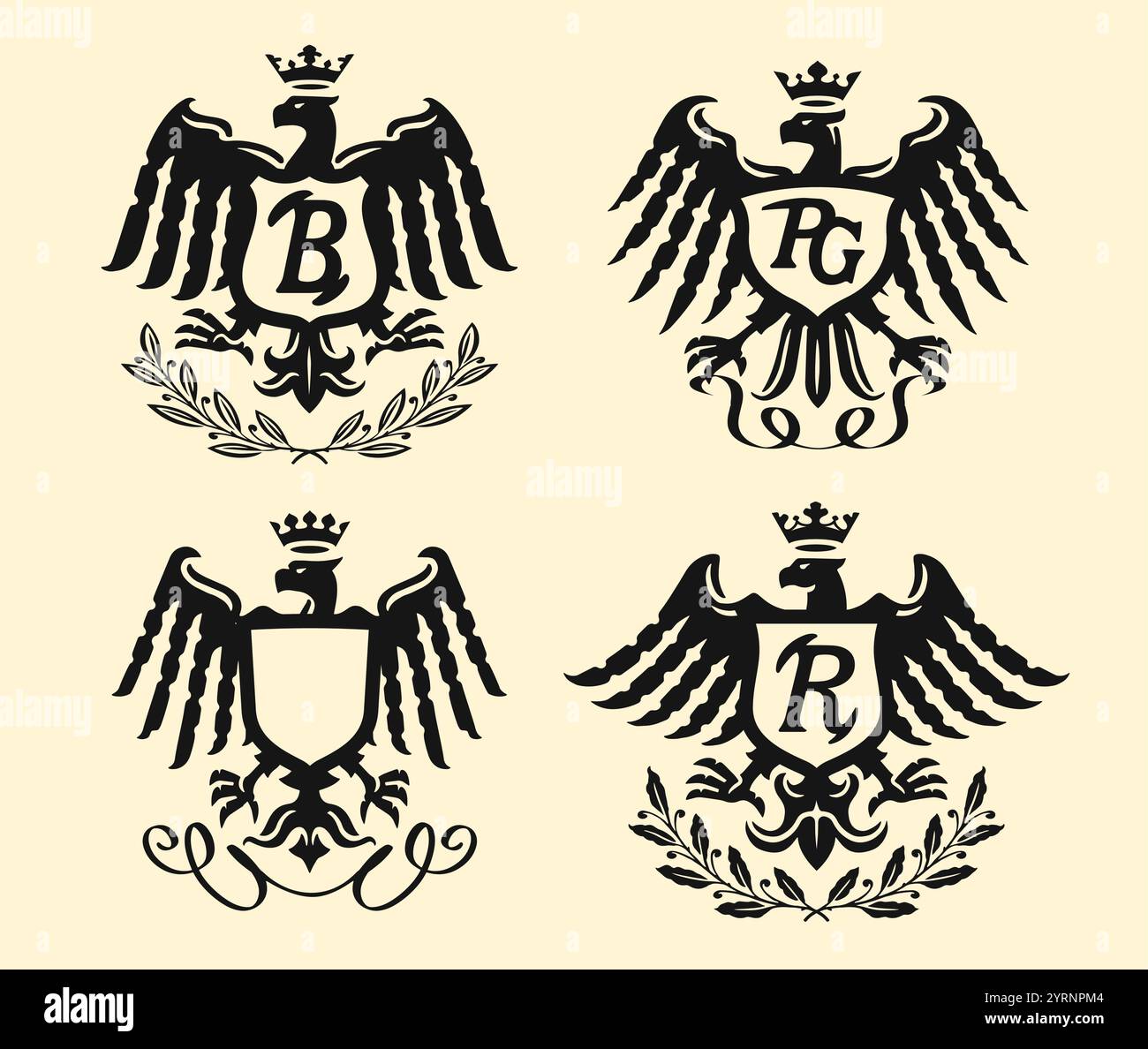 Heraldic symbol of royal power. Eagle with spread wings and shield, emblem set. Vector illustration Stock Vector