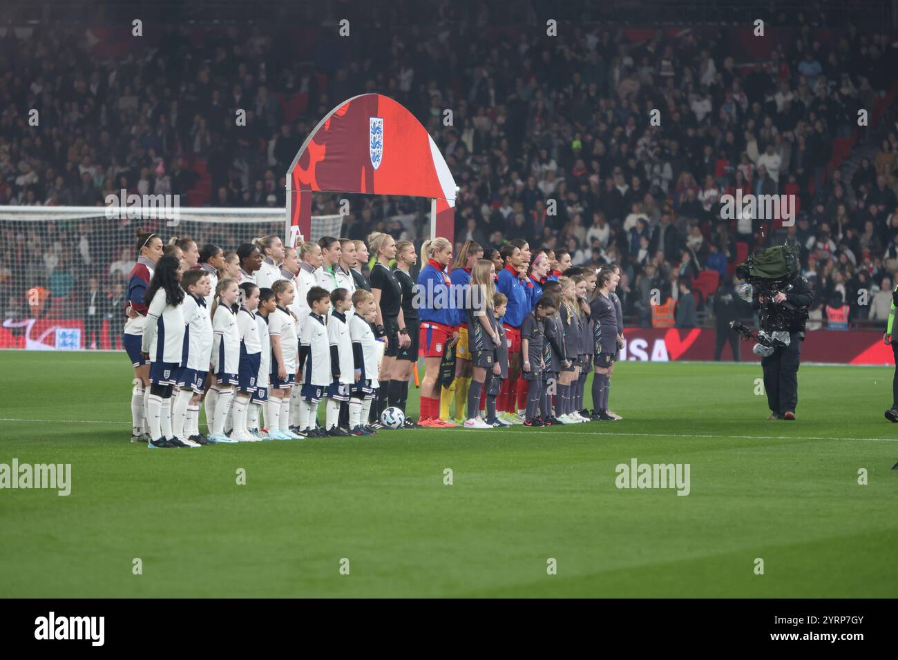 Teams line up for national anthems England v USA Wembley Stadium London Lionesses England women's football team 30 November 2024 Stock Photo