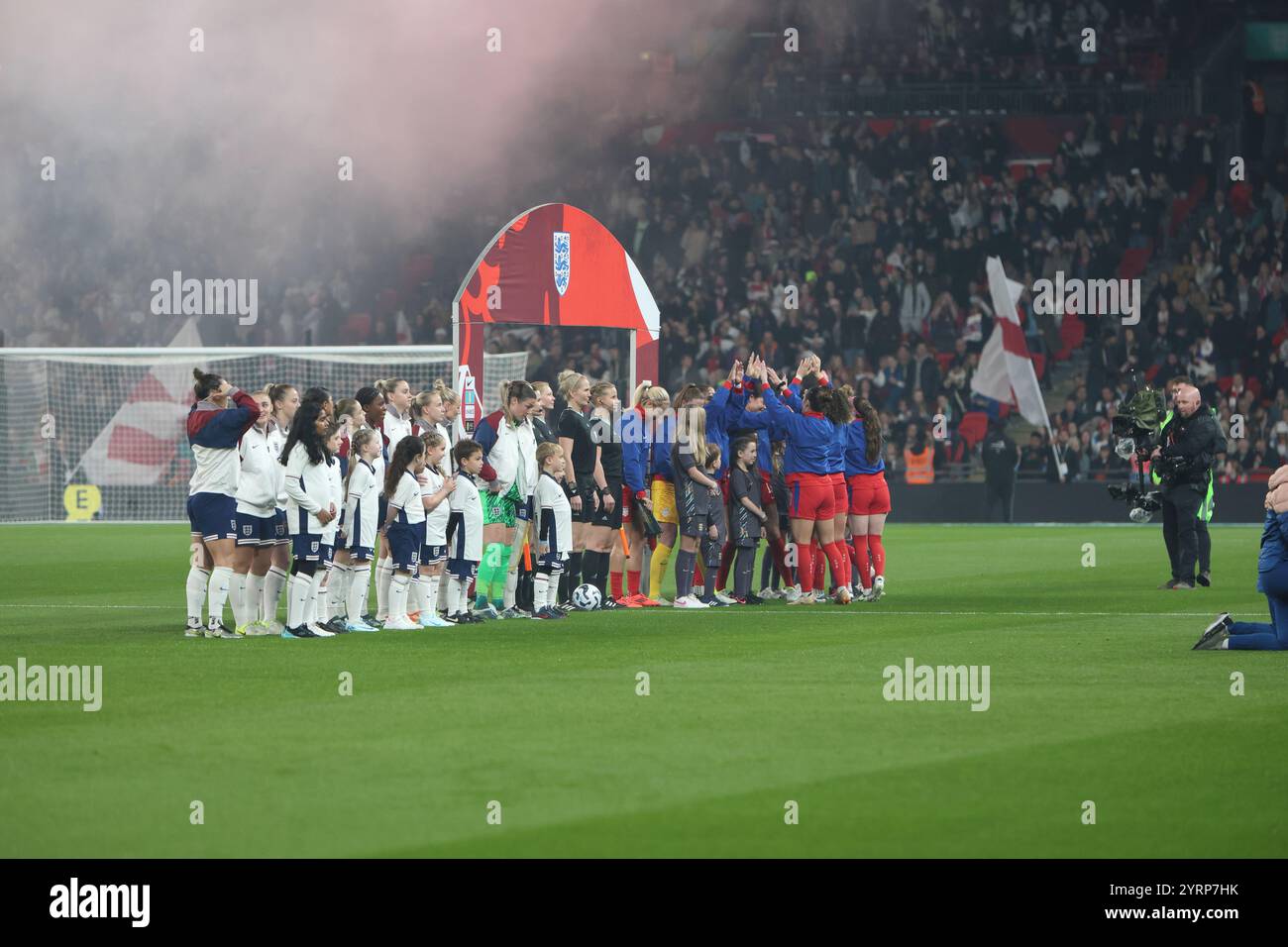 Teams line up for national anthems England v USA Wembley Stadium London Lionesses England women's football team 30 November 2024 Stock Photo